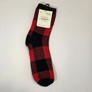 NWT - Cozy Buffalo Plaid Socks, Red/Black, Double Layer, Adult-Men/Women's